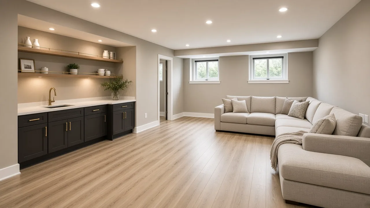 AI design concept: finished basement with LVP flooring, recessed lighting and a built-in wet bar