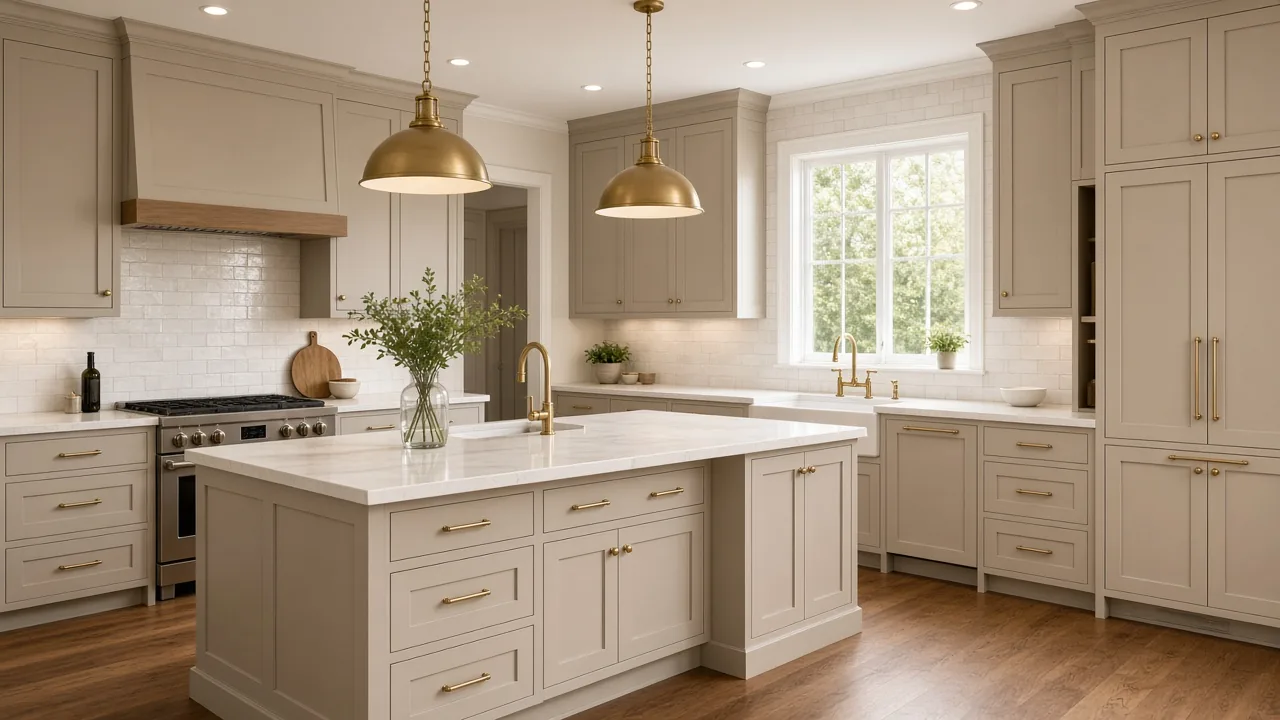 AI design concept: remodeled kitchen with shaker cabinets, quartz counters, tile backsplash and pendant lights
