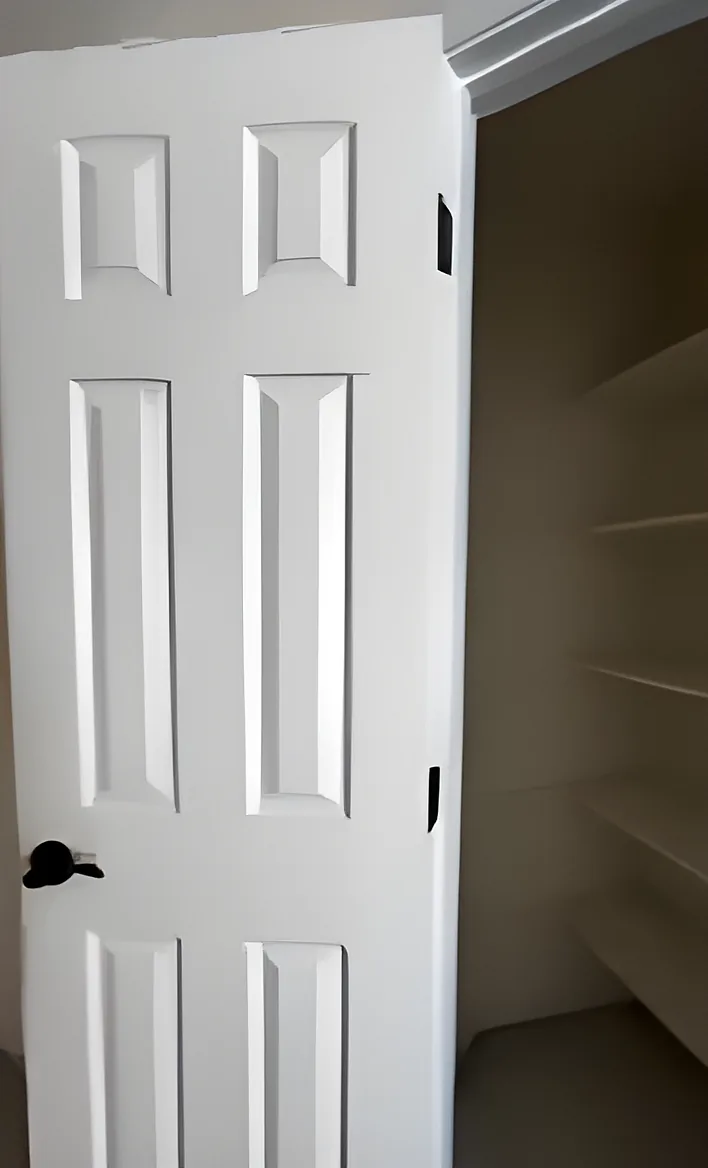 Six-panel door opening onto a pantry closet with new shelving