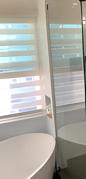 Frameless glass shower beside a freestanding tub