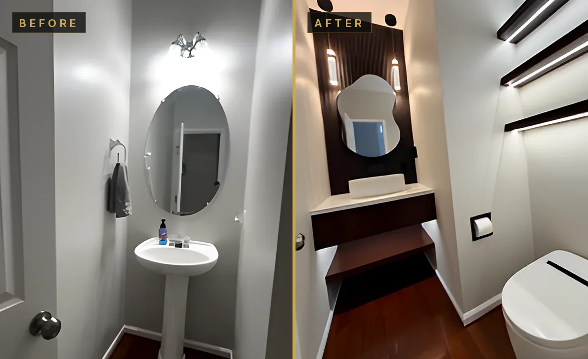 Same powder room before and after: before, a pedestal sink, oval mirror and wall sconce; after, a dark slat accent wall, floating vanity and lit floating shelves